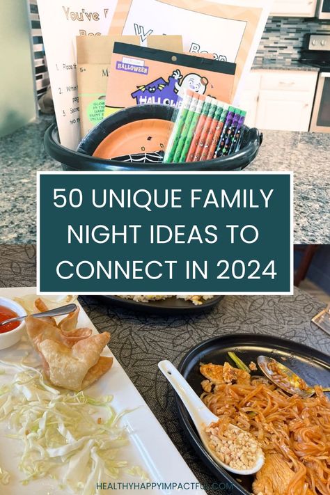 A visual collage featuring family night ideas with takeout food, colorful markers, and a Halloween-themed card, emphasizing connection in 2024. Family Night Activities At Home, Family Night In Ideas, Spooky Family Night, Family Things To Do At Home, Family Game Night Ideas For Kids, Family Ideas Activities, Family Night Ideas At Home, Family Fun Night Ideas At Home, School Family Night Ideas