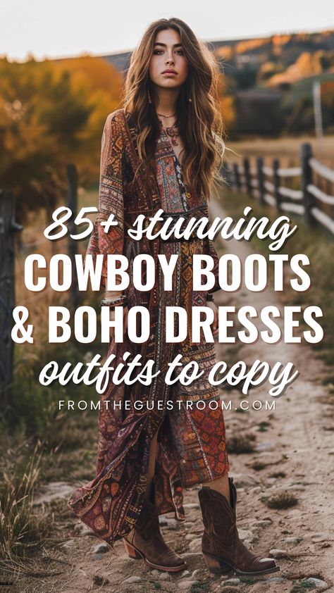 a woman wears a boho dress and cowboy boots, western outfits Western Long Sleeve Dress, Cowboy Hat Outfit Fall, Freebird Boots With Dress, Outfits With Freebird Shoes, Country Style Outfits Women Dress, Western Boho Dresses For Women, Western Boots With Tights, Suede Cowboy Ankle Boots Outfit, Boho Western Office Outfits