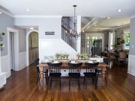 Rustic Farm Table, Fixer Upper Farmhouse, Casa Country, Wrought Iron Chandeliers, Open Space Living, Inviting Home, The Dining Room, Farmhouse Dining Room, Joanna Gaines