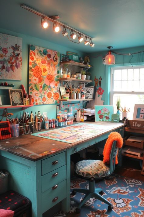 Woman Cave Ideas Library And Art Room, Small Art Space Ideas, Home Craft Space, Art Studio Bedroom Combo, Reading And Craft Room, Large Desk Makeover, Craft Desk Aesthetic, Sewing Center Ideas, Crafty Room Ideas