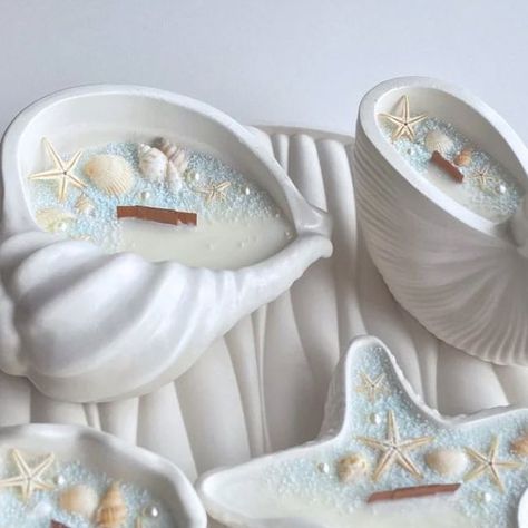 Bethelight Candles on Instagram: "🐚 Shell Candles with an Elegant Tray 🐚" Candles In Tray, Cool Candle Ideas, Decorating With Candles, Ocean Candle, Pretty Candles, Sea Candles, Candles Ideas, White Candle Holders, Elegant Tray