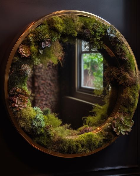 Circular mirror moss framed wall art Moss On Mirror, Moss Bookshelf, Moss And Mushroom Mirror, Mirror With Moss, Moss Mirror Frame, Mirror With Plants Around It, Moss Frame Diy, Woodland Mirror, Unique Mirror Frame Ideas