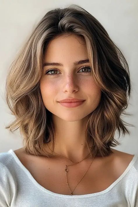 Smiling woman with shoulder-length wavy hair and wearing a white top. Face Frame Shoulder Length Hair, Shoulder Length Hair Unstyled, Ideas For Shoulder Length Hair, Ways To Change Your Look, Shoulder Haircut, Shoulder Length Hairstyles, Classic Bob Haircut, Chic Haircut, Hair Formal