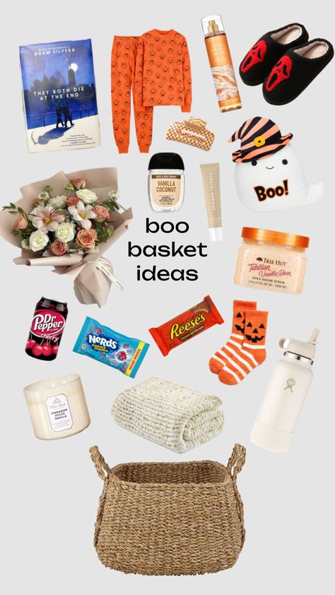 boo basket for girlfriend #boobasket #girlfriend #ideas #inspo #insporation #books #fall #halloween #vibes Diy Halloween Basket, Basket For Girlfriend, Boo Basket Ideas For Girlfriend, Halloween Things To Do, Boo Basket Ideas, Girlfriend Ideas, Family Gift Baskets, Fall Gift Baskets, Boo Gift