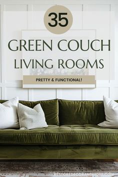 Green Furniture Living Room Ideas, Green Sofa Color Palette, Rug To Go With Green Couch, Olive Sofa Living Room Color Palettes, Green Couch With Pillows, Green Couch Color Scheme, Green Couches Living Room Ideas, Green Mid Century Living Room, Living Rooms With Green Sofas