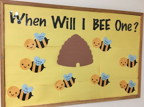 Infant birthday board~ When Will I BEE One?  🐝 Infant Themes Daycare, Childcare Room Themes, Infant Classroom Crafts, Infant Room Themes Classroom Decor, Birthday Boards Infant Classroom, Infant Board Ideas Classroom, Preschool Bee Bulletin Boards, Infant Room Themes, Infant Room Classroom Ideas