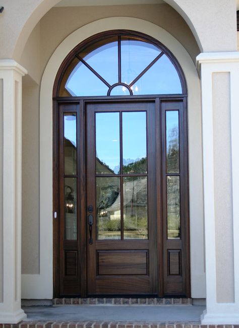 Arch Transom Front Door, Front Door With Arched Transom, Entry Door With Sidelights And Transom, Front Door With Half Moon Window, Rounded Front Door Entrance, Front Door With Arch Window Above, Front Door With Sidelights And Transom, Entrance Door Design Luxury, Arch Door Design