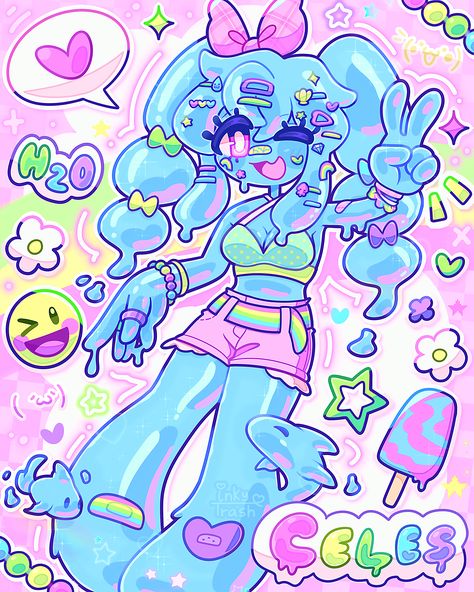 Cute Cartoonish Art Style, Loose Art Styles, Bright Art Style, Cute Oc Designs, Slime Girl Oc, Slime Girl Character Design, Slime Girl Art, 2020 Art Style, Character Design Ideas Inspiration