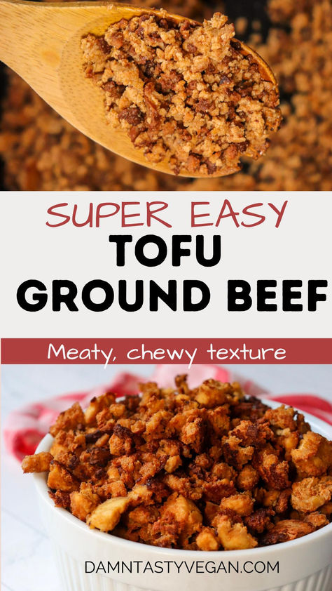 Tofu ground beef in a white ceramic bowl and on a sheet pan with a wooden spoon. Hard Tofu Recipes, Tofu Ground Beef Recipes, Ground Tofu Recipes, Vegetarian Meal Prep High Protein, High Protein Tofu Recipes, Tofu Minced Meat, How To Use Walnuts For Vegan Ground Meat, Vegan Ground Beef Substitute, Ground Pork And Tofu Recipe