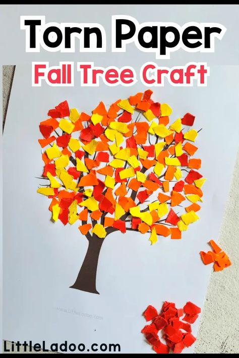 Fall Tree Fine Motor Activity, Tear Paper Fall Craft, Fall Harvest Arts And Crafts, Torn Pumpkin Craft, Torn Paper Fall Tree, Leaf Tree Craft, T Is For Tree Craft, Tissue Paper Tree Craft, Crafts For 3yrs Old Fall