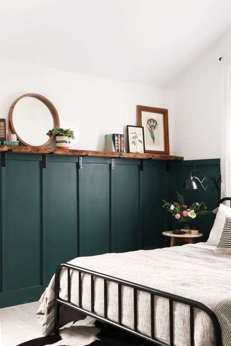 Love the panelling and the green and the natural wood little shelf above it Moody Boho Bedroom, Forest Office, Church Bathroom, Rooms Decoration, Board And Batten Wall, Moody Bedroom, Bathroom Paint, Side Porch, Entryway Wall