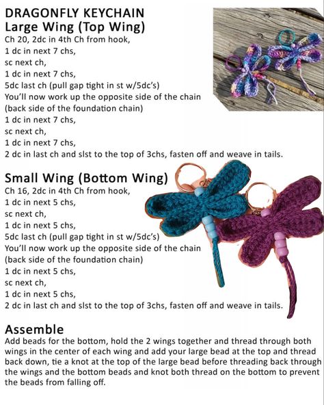 Crochet Button Keychain, Crochet Dragonfly Pattern Free, Crochet Keychain Pattern Free Key Rings, Diy Dragonfly, Crochet Dragonfly, Free Keychain Crochet Patterns, Crochet Dragon Fly, Crochet Butterfly Keychain Free Pattern, Crochet Patterns Keychain