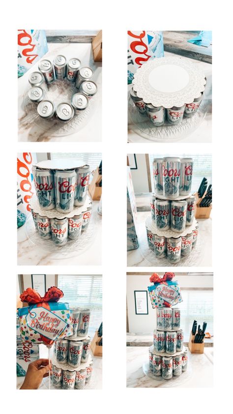 42 Birthday Party Ideas For Man, How To Make Beer Cake Tower, Cakes That Arent Cakes, 50th Birthday Beer Cake, Birthday Beer Tower, Guys 24th Birthday Ideas, 21st Birthday Party Favors For Guys, Beer Can Cakes For Men Diy, Birthday Gifts With Alcohol