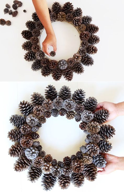 Easy & long lasting DIY pinecone wreath: beautiful as Thanksgiving & Christmas decorations & centerpieces. Great pine cone crafts for fall & winter! - A Piece of Rainbow, home decor ideas, christmas crafts, farmhouse style, wedding décor, crafts for kids, door decor Diy Pinecone Wreath, Julkransar Diy, Pine Cone Christmas Decorations, Couronne Diy, Diy Christmas Candy, Christmas Decorations Centerpiece, Christmas Pine Cones, Centerpiece Christmas, Easy Diy Wreaths