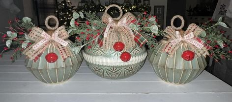 Dollar Tree Fanatics Crafts & Decor | Fourth set of DT punch bowl ornaments | Facebook Bowl Ornaments Christmas, Dollar Tree Punch Bowl Ornament, Giant Ornaments, Hammons Nest, Bowl Ornaments, Crafts Decor, On To The Next, Punch Bowls, Xmas Diy