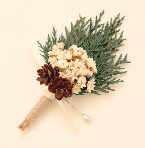 Winter Wedding Corsage, Pine Boutonniere, Winter Wedding Button Holes, Winter Wedding Boutineer Grooms, Simple Winter Wedding Boutonniere, Winter Wedding Boutonniere White, Winter Boutonniere, White Calla Lily Bouquet, Diy Winter Wedding