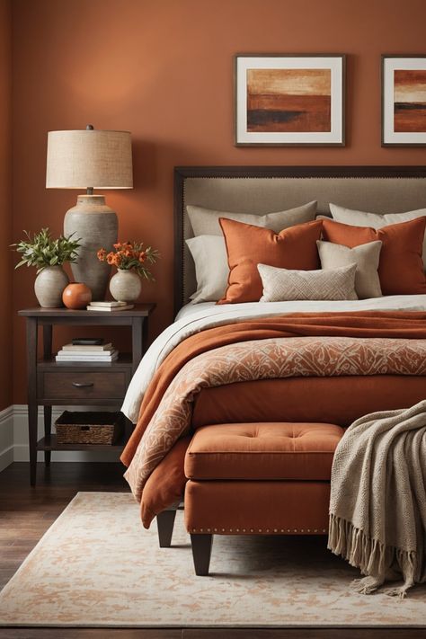 20 Terracotta Bedroom Furniture Ideas – ToolzView Rusted Orange Bedroom, Orange Brown Cream Bedroom, Rust Master Bedrooms Decor, Terracotta Walls Bedroom, Rust Room, Stylish Nightstands, Rust Bedroom, Orange Bedroom Walls, Burnt Orange Bedroom