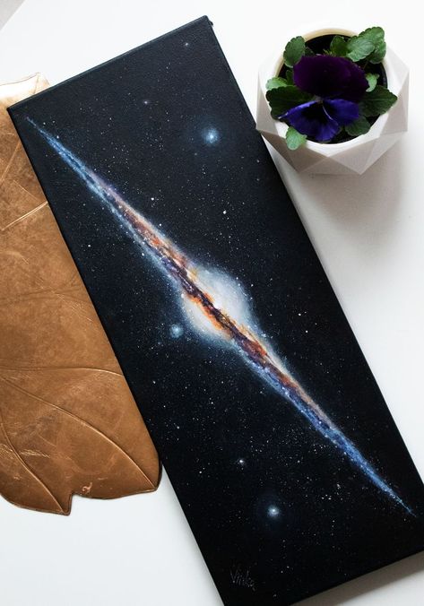 his painting is a representation of a galaxy named Needle galaxy. Stars in acrylic on canvas. Large Canvas Galaxy Painting, Physics Painting Ideas, Painting Ideas On Canvas Stars, Paintings Of Space, Stars Painting Aesthetic, Space Themed Painting, Galaxy Art Drawing, Galaxy Painting Easy, Acrylic Painting Space