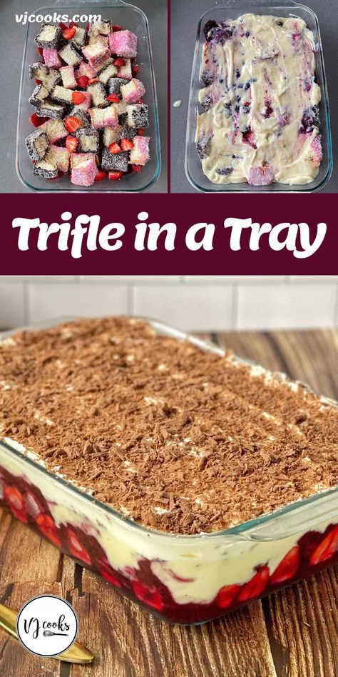 An amazing trifle made in a tray from layers of jelly, lamingtons, custard, chocolate cake, cream, strawberries and berry coulis. Trifle In A Tray, Australian Trifle Recipes, Fruity Trifle Desserts, Chocolate Trifle Cake, Italian Trifle Desserts, Easy Trifle Desserts Simple, Cake Trifle Desserts, Triffle Desserts Simple, Slices Recipes Easy