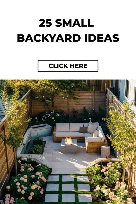 Small backyard with cozy seating area, fire pit, and lush landscaping. Text: "25 Small Backyard Ideas. Click Here." Small Backyard Landscaping On A Budget Simple Outdoor Spaces, Small Backyard Aesthetic, Townhouse Backyard Ideas Landscaping, Small Backyard Patio Designs Budget, Small Backyard Decor Ideas, Small Backyard Decorating Ideas, Small Backyard Decor, Small City Backyard, Backyard Decorating Ideas