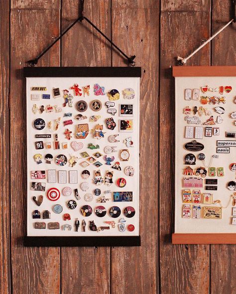 10 Cool Enamel Pin Display Ideas You Need For Your Collection Vintage Jewelry Shadow Box Display, Cute Collection Ideas, Pin Decoration Ideas, Pin Collection Display Ideas, Display Polaroid Pictures, Pin Display Ideas, Ideas For Pins, Pin Organization, Display Stickers