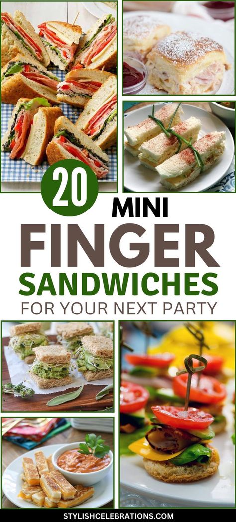 20 Mini Finger Sandwiches for Your Party Mini Sandwich Appetizers, Finger Sandwich Recipes, Party Finger Sandwiches, Sandwiches For Parties, Mini Sandwiches Recipes, Easy Finger Sandwiches, Vegetarian Finger Food, Tea Party Brunch, Brunch Christmas