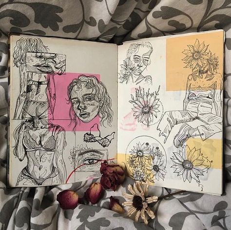 art journals on Instagram: “🌻 artist: @bleakentity @bleakentity @bleakentity 🌻 • • • 📌follow and tag this account to be reposted! • • • #art #artjournal #artjournalism…” Illustration Design Graphique, Sketchbook Layout, Gcse Art Sketchbook, Sketchbook Art Journal, Art Diary, Arte Inspo, Arte Sketchbook, A Level Art, Dessin Adorable