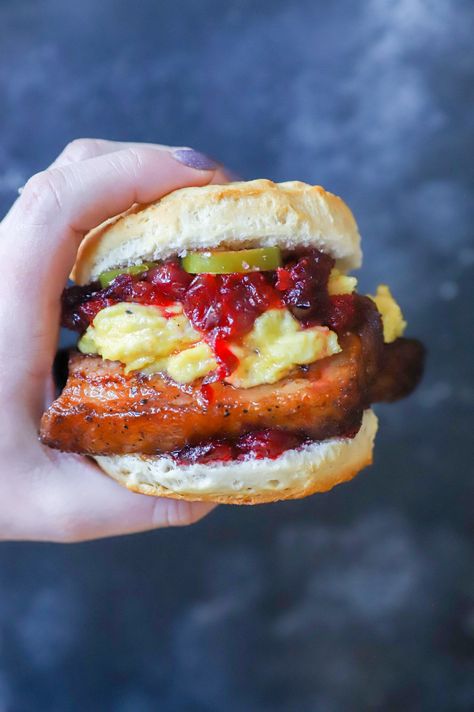 Pork Belly Breakfast Sandwich, Pulled Pork Breakfast Sandwich, Pork Belly Breakfast, Sandwiches Board, Breakfast Bento, Soft Scrambled Eggs, Cranberry Orange Relish, Pickled Jalapenos, Bagel Breakfast Sandwich