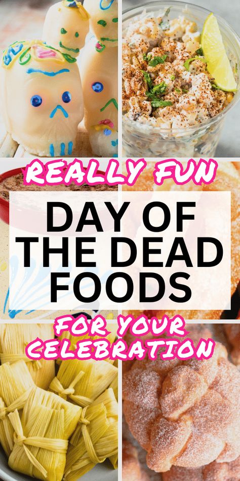 Best Day of the Dead Food Ideas For Dia De Los Muertos Celebrations - easy Mexican food recipes and Fun Day of the Dead recipes for kids and adults to eat at Dia de los Muertos party or fun to learn about this holiday celebration for kids. Try these day of dead party ideas or even for a Mexican themed party! #diadelosmuertos #dayofdead #mexicantheme #mexicanfood #mexicanrecipes #fallholidays Day Of The Dead Themed Food, Day Of Dead Food Party Ideas, Day Of The Dead Recipes Easy, Dia De Los Muertos Party Ideas Food, Day Of The Dead Appetizers, Dia De Muertos Party Ideas, Day Of The Dead Party Food, Dia De Los Muertos Food Ideas, Day Of The Dead Food Ideas