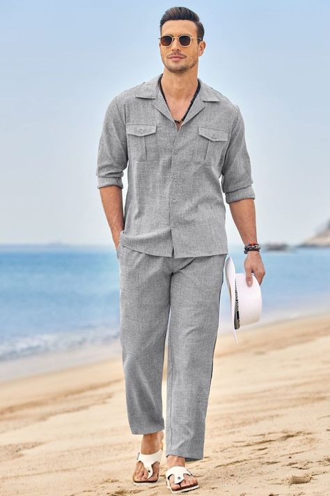 The men's casual outfit sets made of Featured Cotton Blend, extremely soft and skin-friendly, provide you a good body touch. Mens beach pants and shirts sets, loose fit style. The long sleeves shirt design with Cuban Collar and Two Real Chest Snap Pockets, casual shirt for summer and beach. #men #summer #beach #clothing_sets Linen Pants Outfit, Mens Casual Outfits Summer, Linen Men, Shirt Pant Set, Linen Shirt Men, Mens Linen, Linen Short, Summer Outfits Men, Mens Casual Outfits