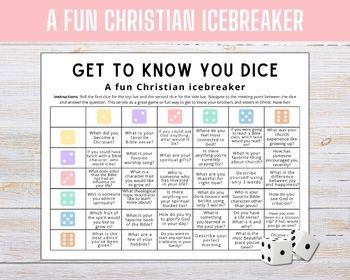 Christian Icebreaker, Get to know you game, Bible Game, Bible Icebreaker Ice Breakers For Bible Study For Women, Womens Bible Study Games, Getting To Know You Dice Game, Sunday School Ice Breakers For Kids, Get To Know You Games For Kids At Church, Bible Study Games Small Groups, Christian Team Building Activities, Bible Study Ice Breakers For Women, Church Ice Breaker Games