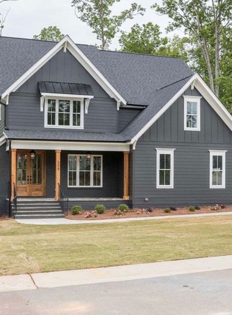 Dark House With White Trim, Grey House With Wood Shutters, Exterior House Colors With Shutters Paint Ideas, Sw Inkwell Exterior, Dark Siding White Windows, Dark House White Windows, Iron Ore Siding, Iron Ore House Exterior, Iron Ore Sherwin Williams Exterior