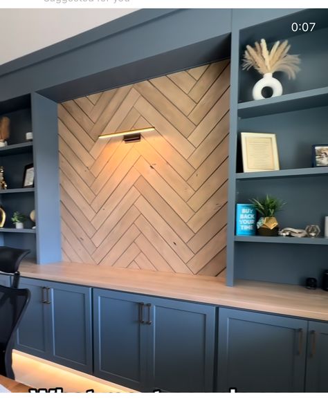 Modern Farmhouse Office Built Ins, Office Built Ins With Wallpaper, Wrap Around Office Built Ins, Built In Bookcases Office, Built In Media Wall With Desk, Built In For Office, Dark Blue Built In Bookshelves, Plywood Built In, Mom Office Ideas