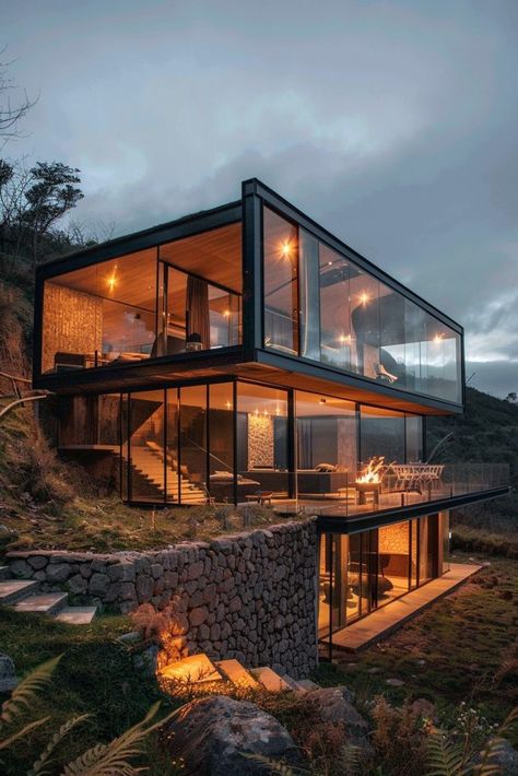 Glass-walled Façade Villa Glass Modern, Glass Front House, Steep Slope House Design, Chalets Design, House Hillside, Farmhouse Design Exterior, House Built Into Hillside, Hillside Houses, Chalet Modern