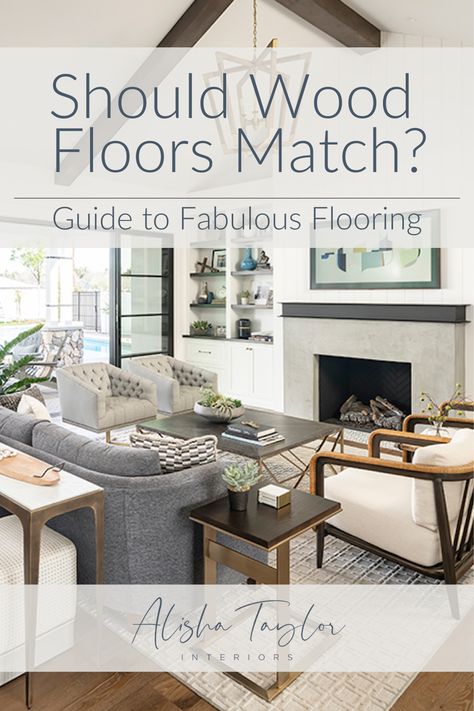 Should Wood Floors Match? Guide to Fabulous Flooring with Alisha Taylor Interiors Mixed Hardwood Floors In Different Rooms, Homes With Different Flooring In Each Room, Different Hardwood Floors In House, Wood Floors Throughout House, Contrasting Floors Between Rooms, Blending Two Different Wood Floors, How To Choose Hardwood Floor Color, Different Colored Wood Floors In Home, Mixing Flooring Types