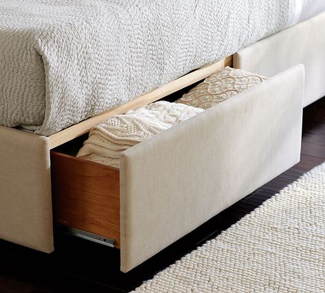 Upholstered Storage Platform Bed with Side Drawers | Pottery Barn Platform Bed Full, Platform Bed King, Bed With Drawers Underneath, Best Storage Beds, California King Bed Frame, Upholstered Bed With Storage, Bed Designs With Storage, Bed With Footboard, Storage Bed Queen