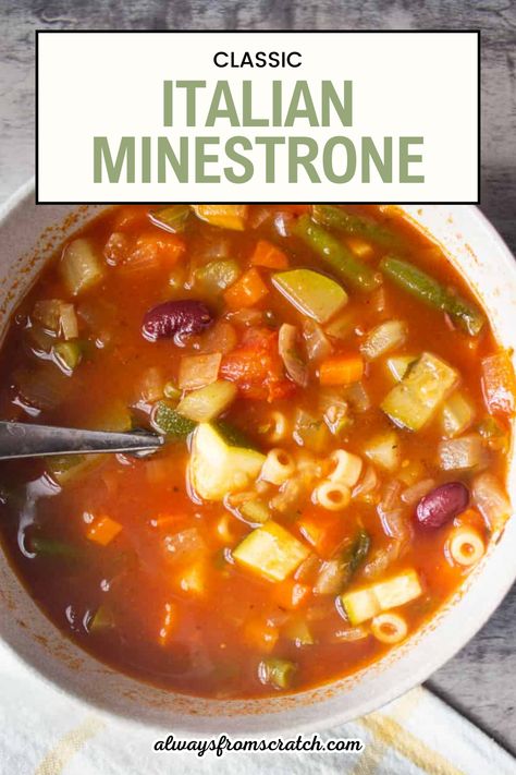 Discover the comfort of a warm bowl with our classic italian minestrone! This authentic minestrone soup combines fresh vegetables and savory herbs for a traditional taste of Italy. Follow our italian minestrone recipe for a hearty, flavorful meal that captures the essence of traditional italian minestrone. Perfect for cozy dinners or a nutritious lunch, this recipe brings Italian culinary tradition right to your table. Martha Stewart Minestrone Soup Recipe, Mexican Minestrone Soup, Crockpot Minestrone Soup With Meat, Best Minestrone Soup Recipe Italian, Italian Vegetable Stew, Authentic Italian Minestrone Soup Recipe, Healthy Authentic Italian Recipes, Minastronia Soup, Classic Minestrone Soup