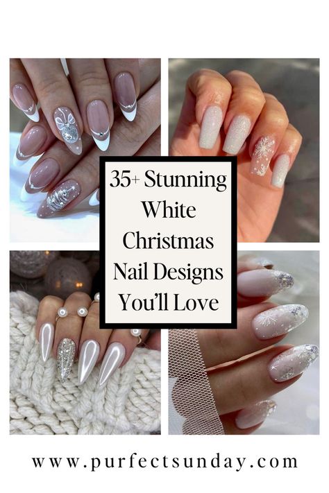 Snowflakes Acrylic Nails, White Tip Nails Christmas, Snowflake Christmas Nails Acrylic, Icy Glitter Nails, Silver White Christmas Nails, White Icy Nails, Christmas Nails White Silver, Silver And White Winter Nails, White Chrome Nails Christmas