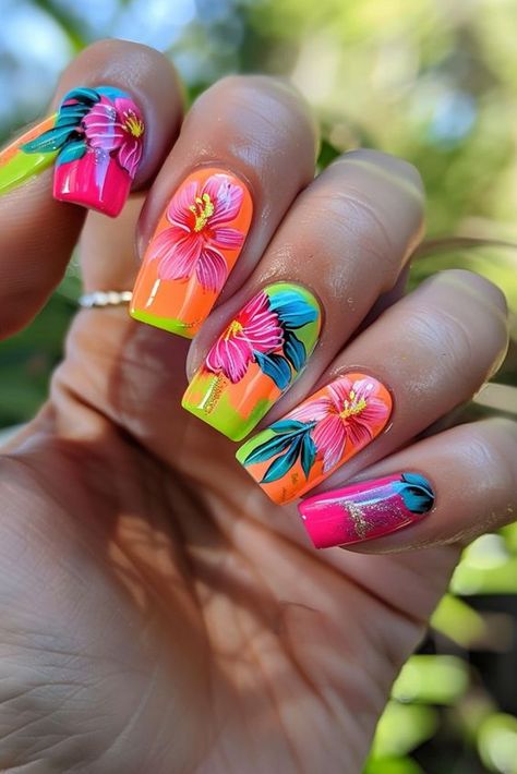 Nails Flower - Stylish summer nail design ideas Nail designs Nail art Summer nails Art deco nails Fancy nails designs Fancy nails Funky Summer Nails, Summer Nail Design Ideas, Nails Funky, Neon Nail Designs, Watermelon Nails, Art Deco Nails, Tropical Nails, Ombre Nail, Fancy Nails Designs