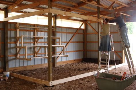 roosts; chicken coop inside barn Chicken Coop Inside Barn, Chicken Coop Inside, Barn Stalls, Chicken Barn, Portable Chicken Coop, Chicken Pen, Diy Chicken Coop Plans, Coop Design, Chicken Coop Designs