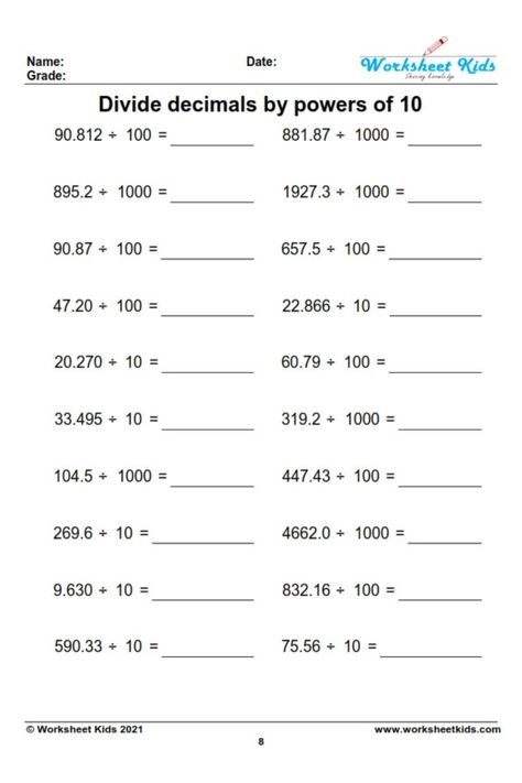 Division Decimals Worksheet, Dividing Decimals By Powers Of 10, Division Of Decimals Worksheets, Decimal Division Worksheet, Multiplying And Dividing By Powers Of 10, Dividing Decimals By Whole Numbers, Multiplying Decimals By 10 100 1000, Multiplying And Dividing Decimals By 10 100 1000, Decimal Worksheets For 4th Grade