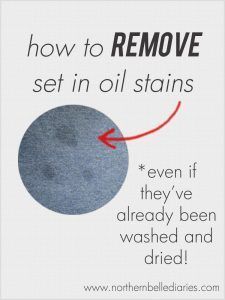 How to remove set in oil stains - La La Lisette #cleaning #stains #oilstain #diy Remove Oil Stains, Grease Stains, Household Cleaning Tips, Cleaning Recipes, Diy Cleaners, Cleaners Homemade, Laundry Hacks, Oil Stains, Cooking Oil