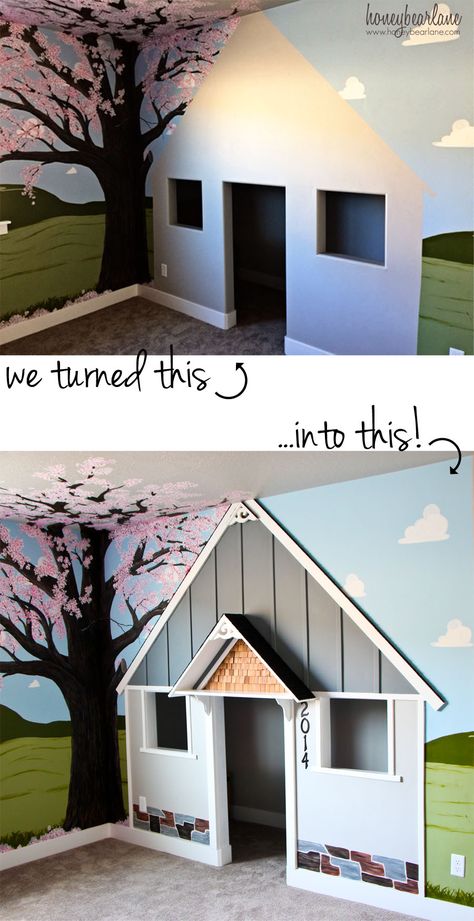 Walk-in closet turned into adorable playhouse with some building materials, great painting and some imagination. Built In Closet Wall, Kids Indoor Playhouse, Built In Closet, Closet Wall, Indoor Playhouse, Diy Playhouse, Basement Playroom, Build A Playhouse, Wall Closet