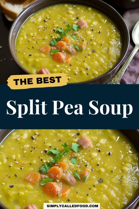 Dive into an easy split pea soup recipe with ham, a hearty blend of meaty flavors from hambone and ham hock, enriched with creamy yellow peas and vegetables. Perfect for any diet, this healthy soup is cooked in your choice of cookware. You can prepare split pea soup in a Crock Pot, instant pot, slow cooker, pressure cooker, or stove top. Explore this split pea soup recipe and more soup recipes at simplycalledfood.com. Pea Soup With Ham Bone Stove Top, Green Split Pea Soup With Ham, Canning Split Pea And Ham Soup, Hambone Recipes, Pressure Cooker Split Pea Soup, Pea Soup Crockpot, Soup Recipe With Ham, Split Pea Soup Slow Cooker, Soup In A Crock Pot