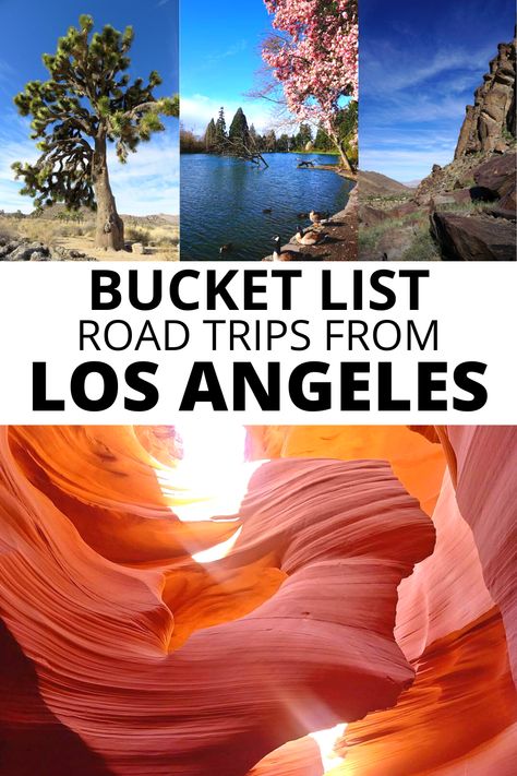 Bucket list road trips from Los Angeles, including Joshua Tree National Park, Portland OR, Palm Springs CA, and Antelope Canyon AZ. California Parks Road Trip, Must See In California, California Day Trips, California National Park Road Trip, Los Angeles Road Trip, California Road Trip Itinerary, Bucket List Usa, California Coast Road Trip, Usa Road Trips