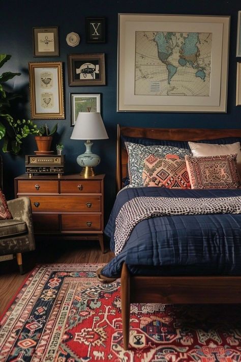 Retro Boho Bedroom, Men’s Bedroom Ideas, Boho Bedroom Decor Ideas, Masculine Interior, Retro Revival, Bright Boho, Boho Men, Desert Dream, Mens Bedroom