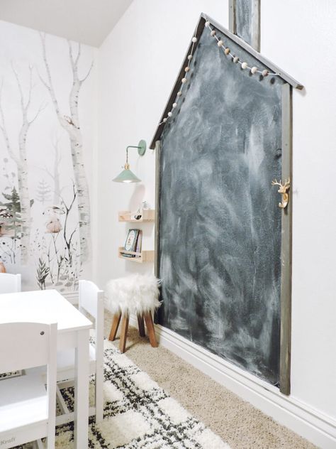 Chalk Wall Nursery, Chalkboard House Wall, Chalkboard Playroom Ideas, Playroom With Chalkboard Wall, Chalkboard In Playroom, House On Wall Playroom, House Shaped Chalkboard, Chalk Wall Playroom, Chalkboard Wall Kids Room