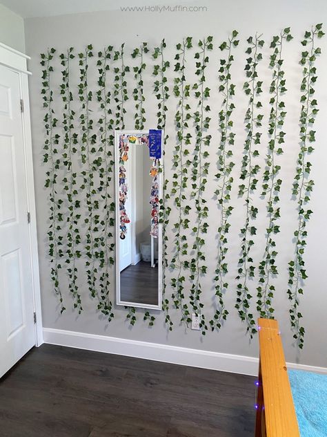 How To Hang Fake Vines On Wall, Vine Lights Bedroom Ideas, How To Hang Vines On Walls, How To Hang Vines In Bedroom, Fake Vines, Fake Walls, Birthday Room, Wall Trends, Birthday Room Decorations