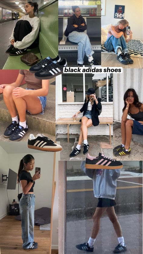 collage of black adidas shoes Black Adidas Shoes Outfit, Adidas Samba Black Outfit, Black Adidas Outfit, Black Adidas Sambas, Sambas Black, Adidas Shoes Outfit, Sambas Adidas Women Outfit, Black Shoes Outfit, Samba Adidas Outfit