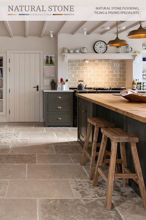 Natural Stone Flooring Kitchen, Stone Kitchen Floor, Country Kitchen Flooring, Bathroom Stone, Natural Interiors, Kitchen Floors, Dream Farmhouse, Long House, Country Kitchens